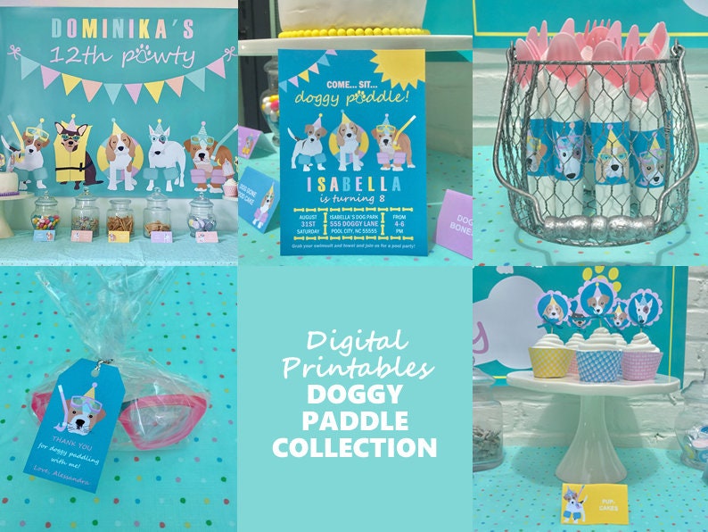 May include: A digital printable collection for a doggy paddle themed party. The collection includes a party invitation, cupcake toppers, favor tags, and a banner. The colors are blue, pink, yellow, and white. The design features cartoon dogs wearing sunglasses and party hats.