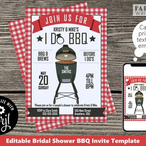 May include: Editable bridal shower invitation template with a red and white gingham background. The invitation features a cartoon illustration of a grill with a ring inside, and the text "Join us for Kristy & Mike's I Do BBQ".