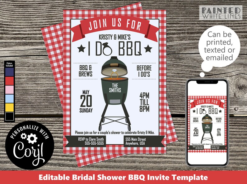 May include: Editable bridal shower invitation template with a red and white gingham background. The invitation features a cartoon illustration of a grill with a ring inside, and the text "Join us for Kristy & Mike's I Do BBQ".