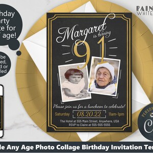 May include: Editable birthday party invitation template with a black background and gold accents. The template features a photo collage with two photos and the text "Margaret is turning 91".