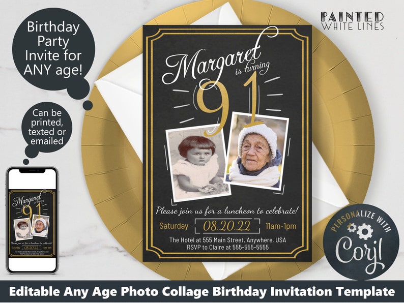 May include: Editable birthday party invitation template with a black background and gold accents. The template features a photo collage with two photos and the text "Margaret is turning 91".