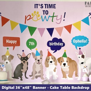 Welpe Hund Geburtstagsbanner personalisiert Kuchentisch Kulisse Druckbare Mädchen GeburtstagSparty Mädchen Geburtstag Party Dekor Welpe Adoption PWL6P
