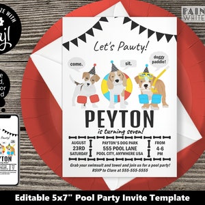 K&ouml;nnte beinhalten: Editierbare 5x7 Zoll Poolparty-Einladungsvorlage mit einem Cartoon-Hund, der einen Partyhut und einen Schwimmring tr&auml;gt. Die Einladung enth&auml;lt den Text "Let's Pawty!" und "Peyton wird sieben!" sowie Details zur Party, einschlie&szlig;lich Datum, Uhrzeit und Ort.