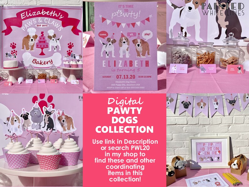 May include: A pink and white party invitation with a dog wearing a party hat and the text "It's time to pawty!"  The invitation is for Elizabeth's 5th birthday party.  The invitation also includes the text "Elizabeth is turning 5" and the date "07.13.20".