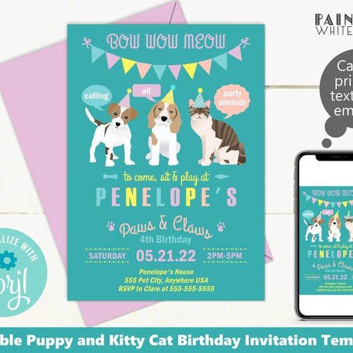 Adopt a Pet Birthday Party Invitation Template Download Pet Etsy