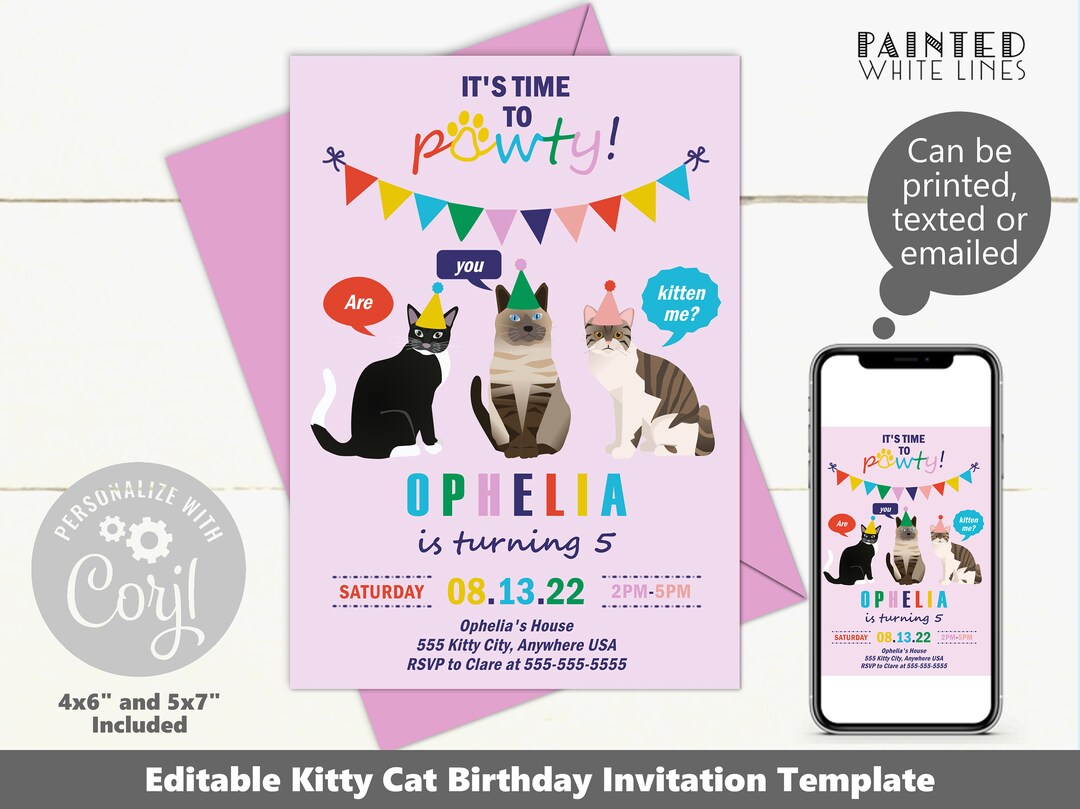 Cat Birthday Invitation Digital File Printable Cat Party - Etsy