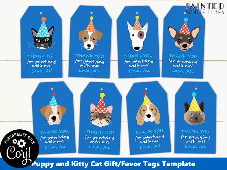 May include: Eight blue gift tags with white painted lines. Each tag features a different cartoon animal wearing a party hat. The animals include a cat, a dog, a chihuahua, a bull terrier, a beagle, a Siamese cat, a tabby cat, and a Jack Russell terrier. The text on each tag reads "Thank you for pawtying with me! Love, Ali."