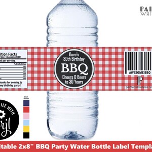 May include: Editable 2x8 inch BBQ party water bottle label template with a red and white gingham pattern, black and white text, and a barcode. The text includes "Dave's 30th Birthday BBQ", "Cheers & Beers to 30 Years", and "Awesome BBQ".