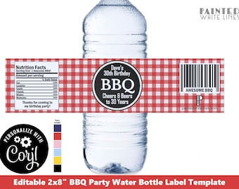 May include: Editable 2x8 inch BBQ party water bottle label template with a red and white gingham pattern, black and white text, and a barcode. The text includes "Dave's 30th Birthday BBQ", "Cheers & Beers to 30 Years", and "Awesome BBQ".