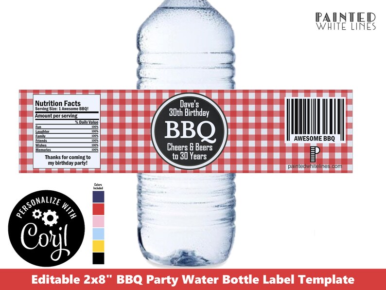 May include: Editable 2x8 inch BBQ party water bottle label template with a red and white gingham pattern, black and white text, and a barcode. The text includes "Dave's 30th Birthday BBQ", "Cheers & Beers to 30 Years", and "Awesome BBQ".