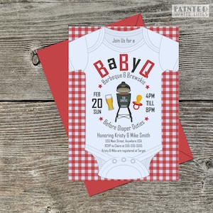 May include: A red and white gingham baby shower invitation with a white onesie graphic. The text reads "Join Us for a BabyQ Barbeque & Brewskis" with a date of February 20th and time of 4pm to 8pm. The invitation also includes the text "Honoring Kristy & Mike Smith" and their address.