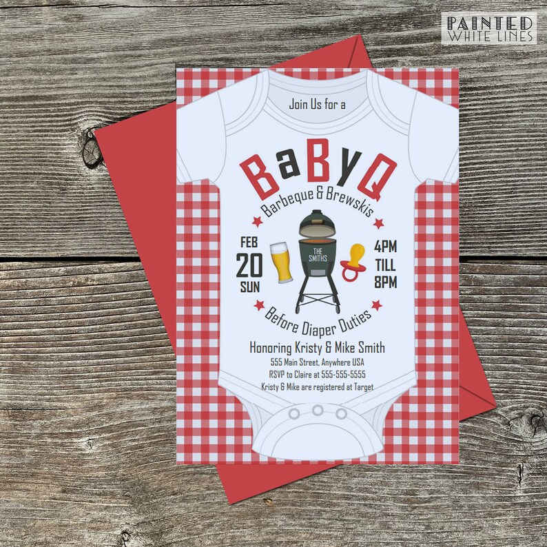 May include: A red and white gingham baby shower invitation with a white onesie graphic. The text reads "Join Us for a BabyQ Barbeque & Brewskis" with a date of February 20th and time of 4pm to 8pm. The invitation also includes the text "Honoring Kristy & Mike Smith" and their address.
