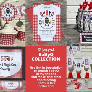 May include: A digital printable collection for a baby shower with a barbecue theme. The collection includes a diaper raffle card, cupcake toppers, a banner, and an invitation. The invitation says "Join us for a BaByQ Barbeque & Brew".