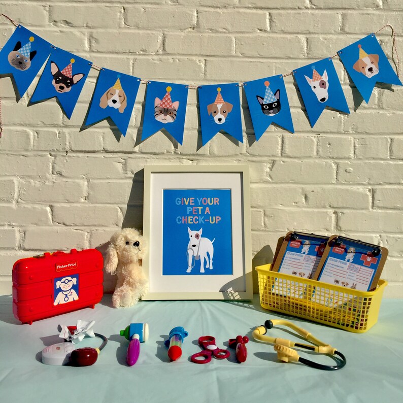 May include: A blue and white banner with cartoon dogs wearing party hats. The banner reads "Give your pet a check-up". There is a toy doctor's kit, a stuffed dog, and a yellow basket with paper forms.