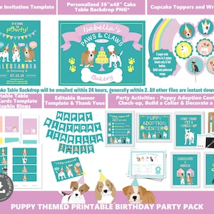Op de afbeelding: Printbare puppy-thema verjaardagsfeestpakket met een roze en turquoise kleurenschema. Bevat een taarttafelachtergrond, banner, tentkaarten, cupcaketoppers en activiteitenbladen. Het pakket bevat een schattige cartoonpuppy met een verjaardagshoed.