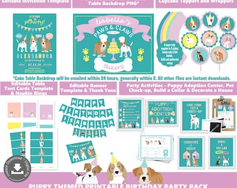 May include: Printable puppy-themed birthday party pack with a pink and teal color scheme. Includes a cake table backdrop, banner, tent cards, cupcake toppers, and activity sheets. The pack features a cute cartoon puppy with a birthday hat.