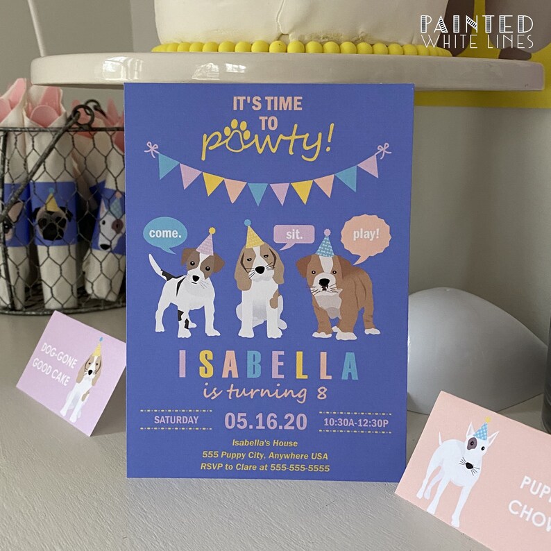 May include: Purple invitation with a paw print and the text "It's time to pawty!"  Three cartoon dogs wearing party hats with speech bubbles that say "come", "sit", and "play". The invitation is for Isabella's 8th birthday party on Saturday, May 16, 2020, from 10:30 AM to 12:30 PM. The address is 555 Puppy City, Anywhere USA. RSVP to Clare at 555-555-5555.
