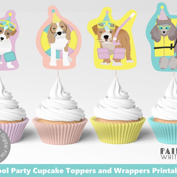 Pool Party Cupcake Toppers Wrappers Printable Doggy Paddle Puppy Theme Swim Birthday Party Download Girls Boys Summer Birthday Party PWL13