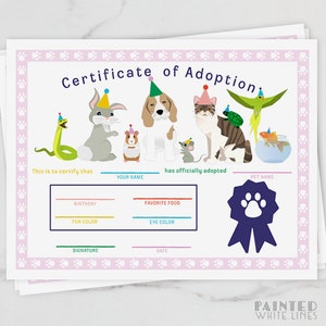 May include: A printable certificate of adoption with a pink background and paw print border. The certificate features a cartoon illustration of a dog, cat, snake, rabbit, guinea pig, fish, turtle, and mouse wearing party hats. The text reads "Certificate of Adoption" and includes spaces to fill in the name of the person adopting the pet, the pet's name, birthday, favorite food, fur color, eye color, signature, and date.