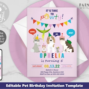 May include: A pink and white pet birthday party invitation with a colourful paw print design. The invitation says "It's time to pawty!" and features a cartoon dog, cat, rabbit, and mouse. The text says "Ophelia is turning 5" and includes the date and time of the party.