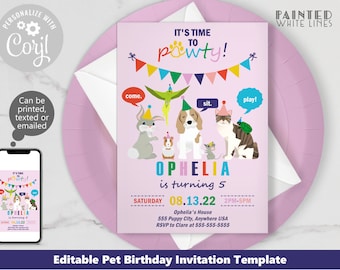 Puede incluir: Una invitación de fiesta de cumpleaños para mascotas de color rosa y blanco con un diseño de huella de pata colorido. La invitación dice "¡Es hora de la fiesta!" y presenta un perro, un gato, un conejo y un ratón de dibujos animados. El texto dice "Ophelia cumple 5 años" e incluye la fecha y la hora de la fiesta.