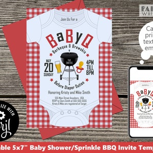 Pode incluir: Modelo de convite para ch&aacute; de beb&ecirc; edit&aacute;vel de 12,7 x 17,8 cm com fundo xadrez vermelho e branco. O convite apresenta um macac&atilde;o branco com o texto "BaByQ Barbeque & Brewskis" e uma churrasqueira com uma cerveja e uma chupeta. O texto "May 20 Sunday 4PM TILL 8PM" tamb&eacute;m est&aacute; inclu&iacute;do. O convite &eacute; personaliz&aacute;vel com o texto "Honoring Kristy and Mike Smith" e suas informa&ccedil;&otilde;es de contato.