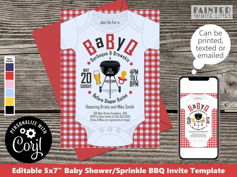 Pode incluir: Modelo de convite para ch&aacute; de beb&ecirc; edit&aacute;vel de 12,7 x 17,8 cm com fundo xadrez vermelho e branco. O convite apresenta um macac&atilde;o branco com o texto "BaByQ Barbeque & Brewskis" e uma churrasqueira com uma cerveja e uma chupeta. O texto "May 20 Sunday 4PM TILL 8PM" tamb&eacute;m est&aacute; inclu&iacute;do. O convite &eacute; personaliz&aacute;vel com o texto "Honoring Kristy and Mike Smith" e suas informa&ccedil;&otilde;es de contato.