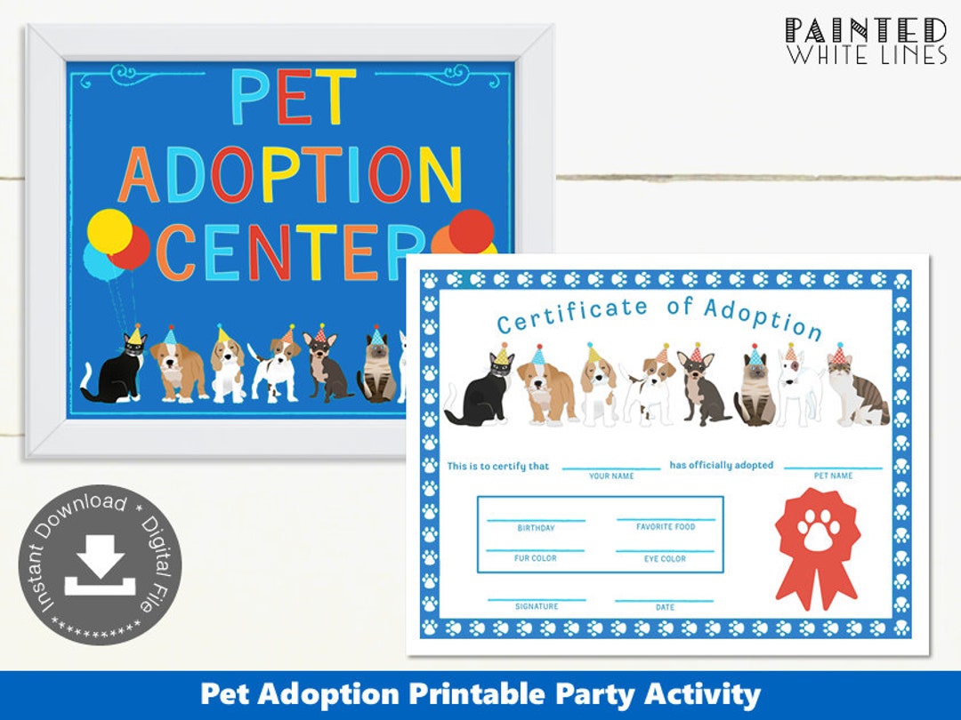 Pet Adoption Certificate Adopt a Pet Party Printable Party Boys ...