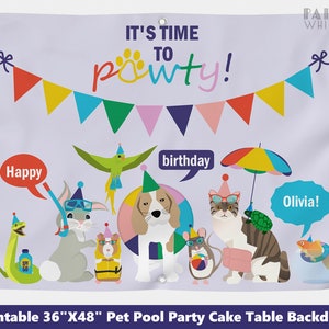Può includere: Sfondo per tavolo da torta per feste in piscina per animali domestici stampabile da 91,44 cm x 121,92 cm con sfondo viola e festoni colorati. Lo sfondo presenta una varietà di animali, tra cui un cane, un gatto, un coniglio, una cavia, un topo, un serpente e un pappagallo. Il testo "It's time to pawty!" è in cima allo sfondo.