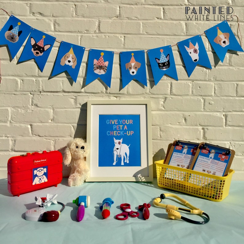 Pu&ograve; includere: Uno striscione blu e bianco con cani dei cartoni animati che indossano cappelli da festa &egrave; appeso sopra un tavolo con una borsa del dottore giocattolo rossa, un cane di peluche bianco, una stampa incorniciata che dice "Give your pet a check-up", due clipboard, un cestino giallo e uno stetoscopio giocattolo.