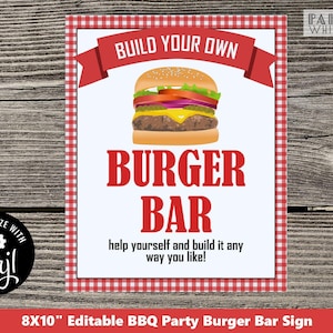 Bearbeitbares Burger Dog Bar Schild Vorlage Hinterhof Grillparty Printable Decor Digitale Party Burger Picknickparty Grillen Barbeque BaByQ PHL8