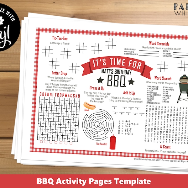 BBQ Party Activity Sheet Printable Editable Template Kids Coloring Sheet Activity Pages BBQ Party Decorations BBQ Theme Birthday Party PWL8