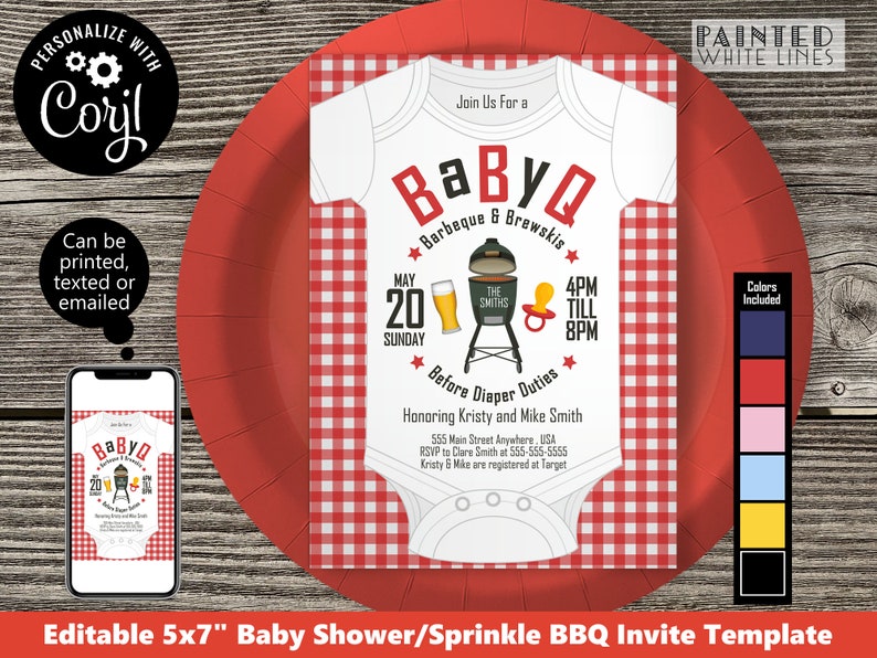 BaByQ invite bbq shower invitation template printable barbecue sprinkle barbeque co-ed Jack and Jill shower cookout celebration PWL8 image 1