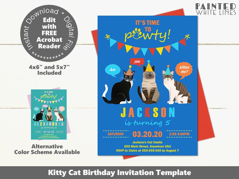 Boys Cat Birthday Party Invitation Template Download Cat | Etsy