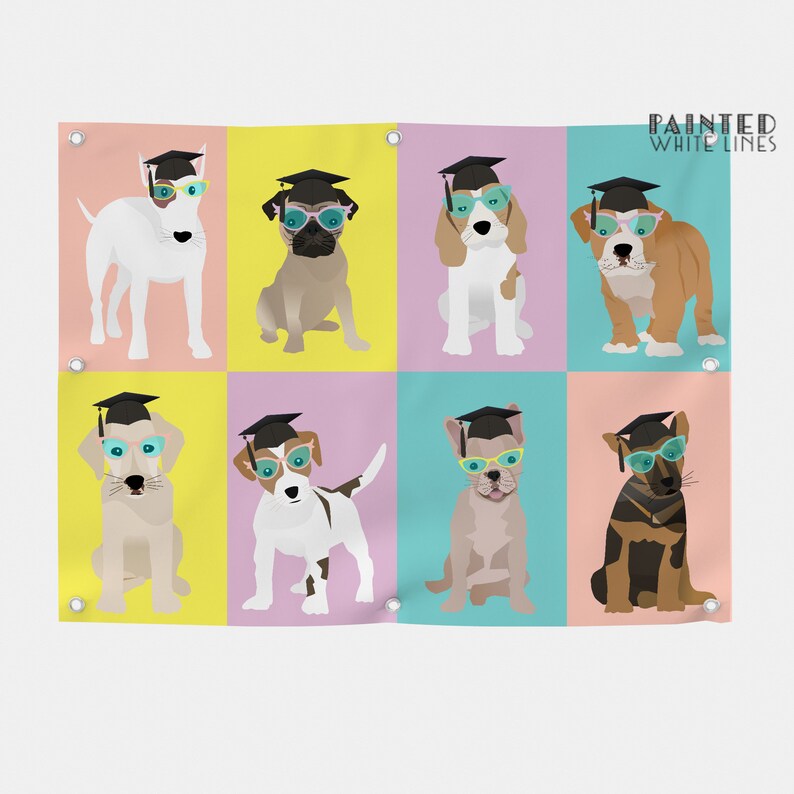 Pode incluir: Uma faixa colorida com oito ra&ccedil;as de c&atilde;es diferentes usando gorros de formatura e &oacute;culos de sol. A faixa tem um fundo amarelo, rosa e azul com as palavras "Painted White Lines" no topo.