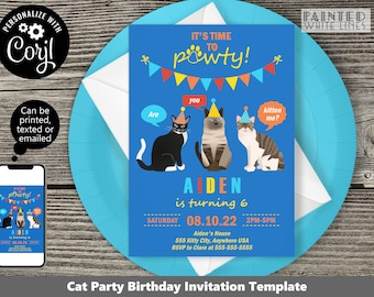 Boys Cat Birthday Party Invitation Template Download Cat Birthday Invitation Cat Party Decorations Cat Party Invite Cat Birthday Pawty PWL19