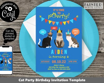 May include: A blue and yellow cat party birthday invitation template with the text "It's time to pawty!" and a cartoon image of three cats wearing party hats. The invitation is for Aiden's 6th birthday party on Saturday, August 10, 2022, from 2 PM to 5 PM. The invitation includes the address and RSVP information.