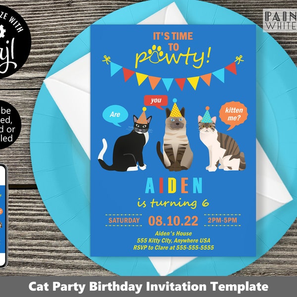 Boys Cat Birthday Party Invitation Template Download Cat Birthday Invitation Cat Party Decorations Cat Party Invite Cat Birthday Pawty PWL19