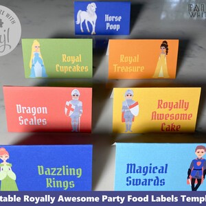 Plantilla de etiquetas de comida de Princess Knight, carpas de mesa Corjl realmente impresionantes, decoración editable, tarjetas de lugar para fiesta de cumpleaños para niñas, PWLRA
