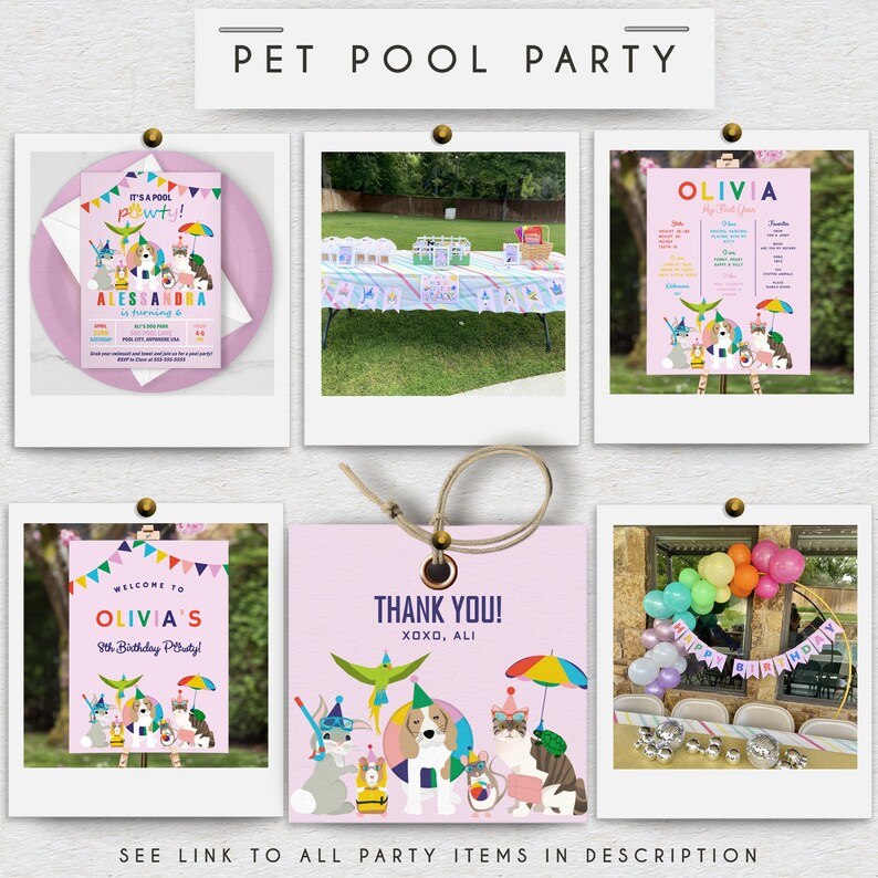 May include: A set of printable party decorations for a pet pool party. The decorations include a welcome sign, thank you tags, a birthday sign, and an invitation. The decorations feature a pink background with colorful illustrations of dogs, cats, and other animals wearing pool accessories.