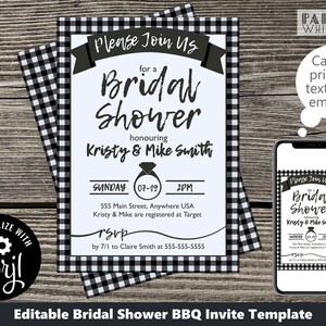 May include: Editable bridal shower invitation template with a black and white buffalo plaid pattern. The invitation features the text "Please Join Us for a Bridal Shower honouring Kristy & Mike Smith" with a ring icon. The date is Sunday, 07-19 at 2PM. The location is 555 Main Street, Anywhere USA. RSVP by 7/1 to Claire Smith at 555-555-5555.