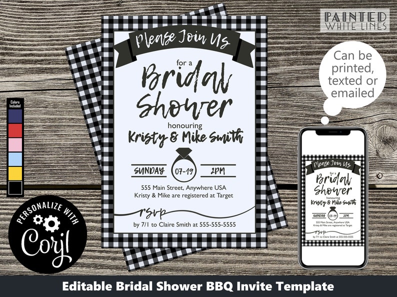 May include: Editable bridal shower invitation template with a black and white buffalo plaid pattern. The invitation features the text "Please Join Us for a Bridal Shower honouring Kristy & Mike Smith" with a ring icon. The date is Sunday, 07-19 at 2PM. The location is 555 Main Street, Anywhere USA. RSVP by 7/1 to Claire Smith at 555-555-5555.