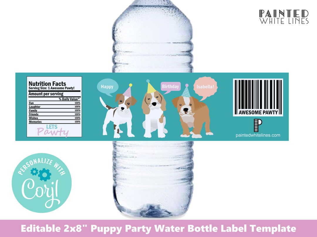 Puppy Party Water Bottle Wraps Template Birthday Label Printable ...