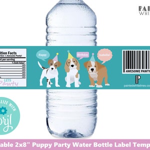 May include: Editable 2x8 inch water bottle label template featuring three cartoon puppies wearing party hats. The label has a turquoise background with the text "Lets Pawty" and "Awesome Pawty".