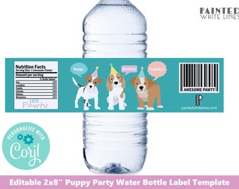 May include: Editable 2x8 inch water bottle label template featuring three cartoon puppies wearing party hats. The label has a turquoise background with the text "Lets Pawty" and "Awesome Pawty".