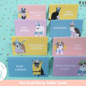 May include: A collection of colorful table tents with pet-themed illustrations and text. Each tent features a different animal, such as a cat or dog, with playful phrases like "Purr-thday Cake" and "Hot Dogs". The tents are designed for a pet pool party.