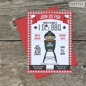 May include: A red and white checked invitation for a wedding barbecue. The invitation reads "Join us for Kristy & Mike's I Do BBQ" with a cartoon image of a green grill with a diamond ring inside. The date is Sunday 20th May, from 4pm to 8pm. The invitation also includes the couple's names, the RSVP information, and the address.