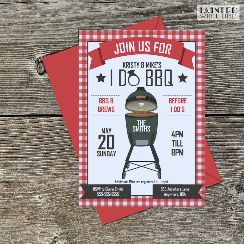 May include: A red and white checked invitation for a wedding barbecue. The invitation reads "Join us for Kristy & Mike's I Do BBQ" with a cartoon image of a green grill with a diamond ring inside. The date is Sunday 20th May, from 4pm to 8pm. The invitation also includes the couple's names, the RSVP information, and the address.
