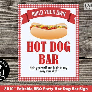 Puede incluir: Se&ntilde;al editable de 20,3 x 25,4 cm para una barra de perritos calientes. La se&ntilde;al tiene un borde a cuadros rojo y blanco y presenta un perrito caliente de dibujos animados con ingredientes. El texto en la se&ntilde;al dice "Construye tu propia barra de perritos calientes" y "&iexcl;S&iacute;rvete y constr&uacute;yelo como quieras!"