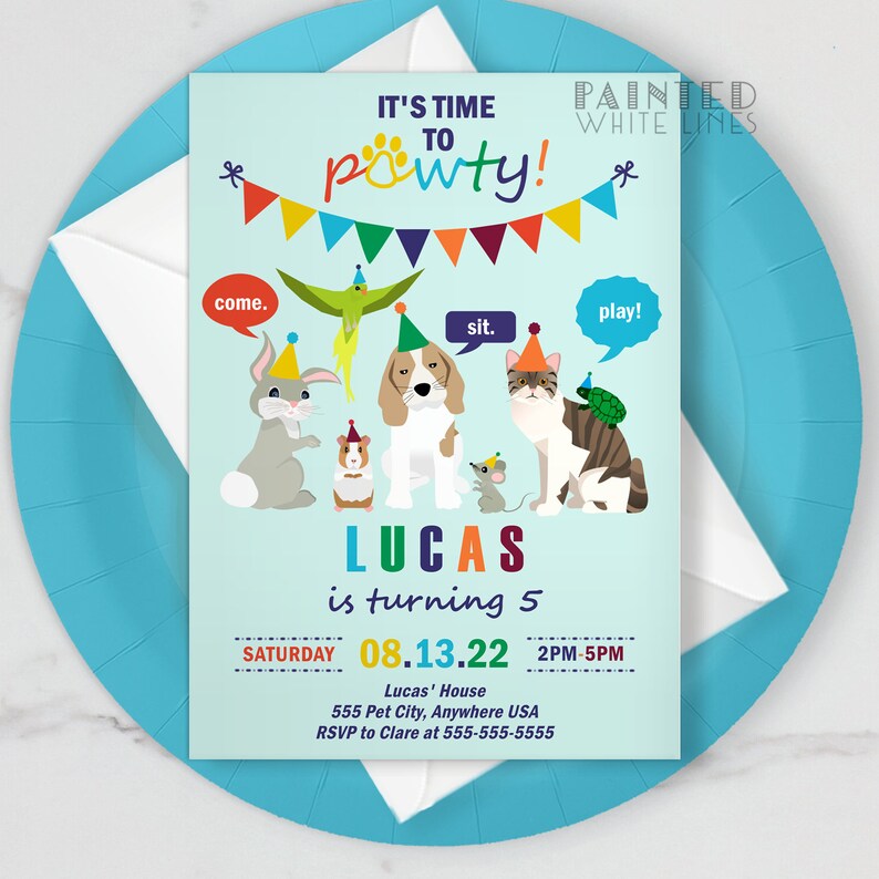 May include: A blue and green birthday party invitation with a paw print and the text "It's time to pawty!"  The invitation features a cartoon illustration of a dog, cat, rabbit, guinea pig, and a bird wearing party hats. The text "Lucas is turning 5" is in rainbow colors. The date and time of the party are listed as "Saturday 08.13.22 2PM-5PM". The location is "Lucas' House 555 Pet City, Anywhere USA". The RSVP information is "RSVP to Clare at 555-555-5555".